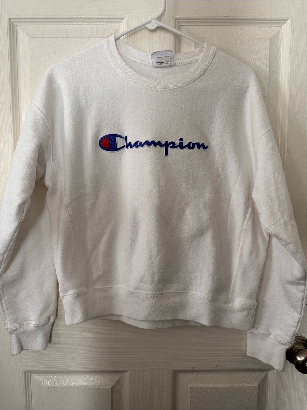 Champion White Crewneck Sweatshirt with Blue & Red Script Logo